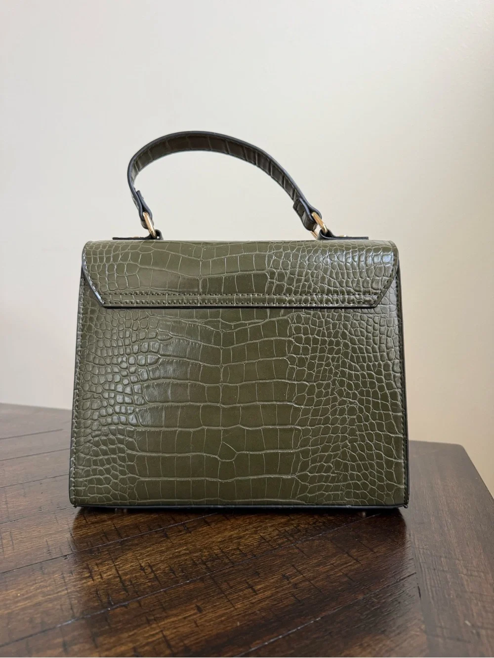 Dune London Olive Croc-Embossed Top Handle Satchel with Gold Accents